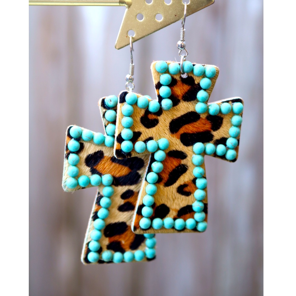 NEW-Cross Leopard & Turquoise Earrings